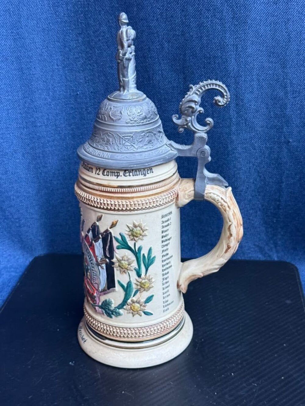1907 German Bavarian 19th Infantry Regimental Beer Stein Reservist Heuser Lidt